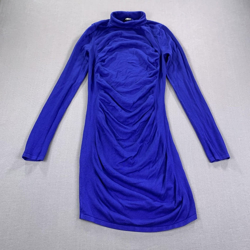 EXPRESS Dress Womens Medium Cobalt Blue Turtleneck‎ Ruched Long Sleeve Bodycon